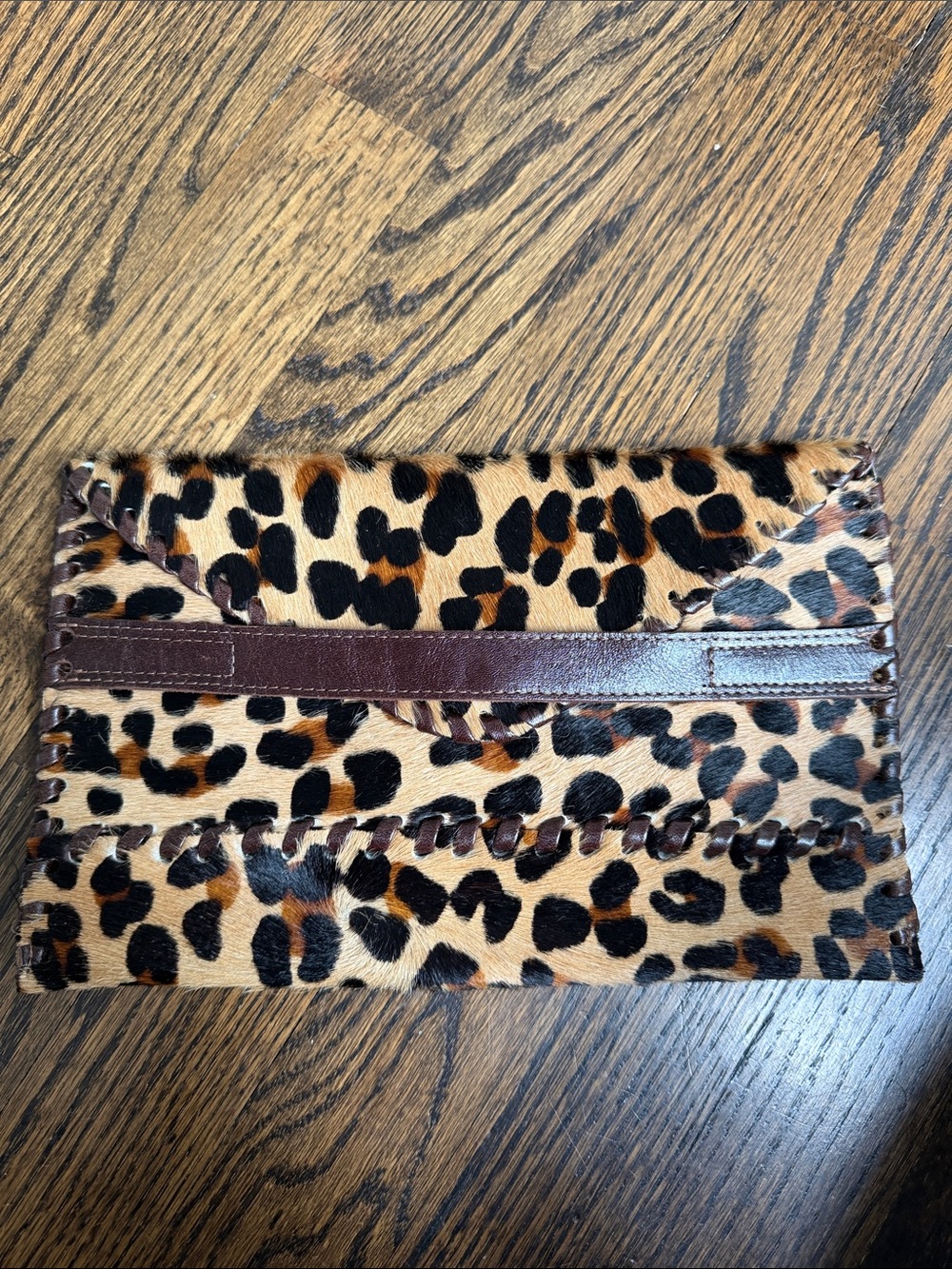 LAGGO Leopard Calf Hair Leather Envelope Clutch Whipstitched Animal Print Purse
